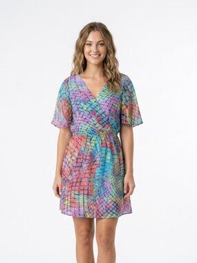 Presley Skye Mosaic Tile Print Faux Wrap Flutter Sleeve Colorful Silk Dress sz M